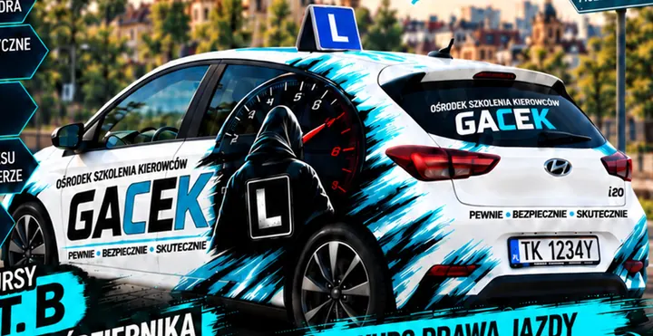 Auto szkoleniowe GACEK w barwach marki z tablicą L na dachu